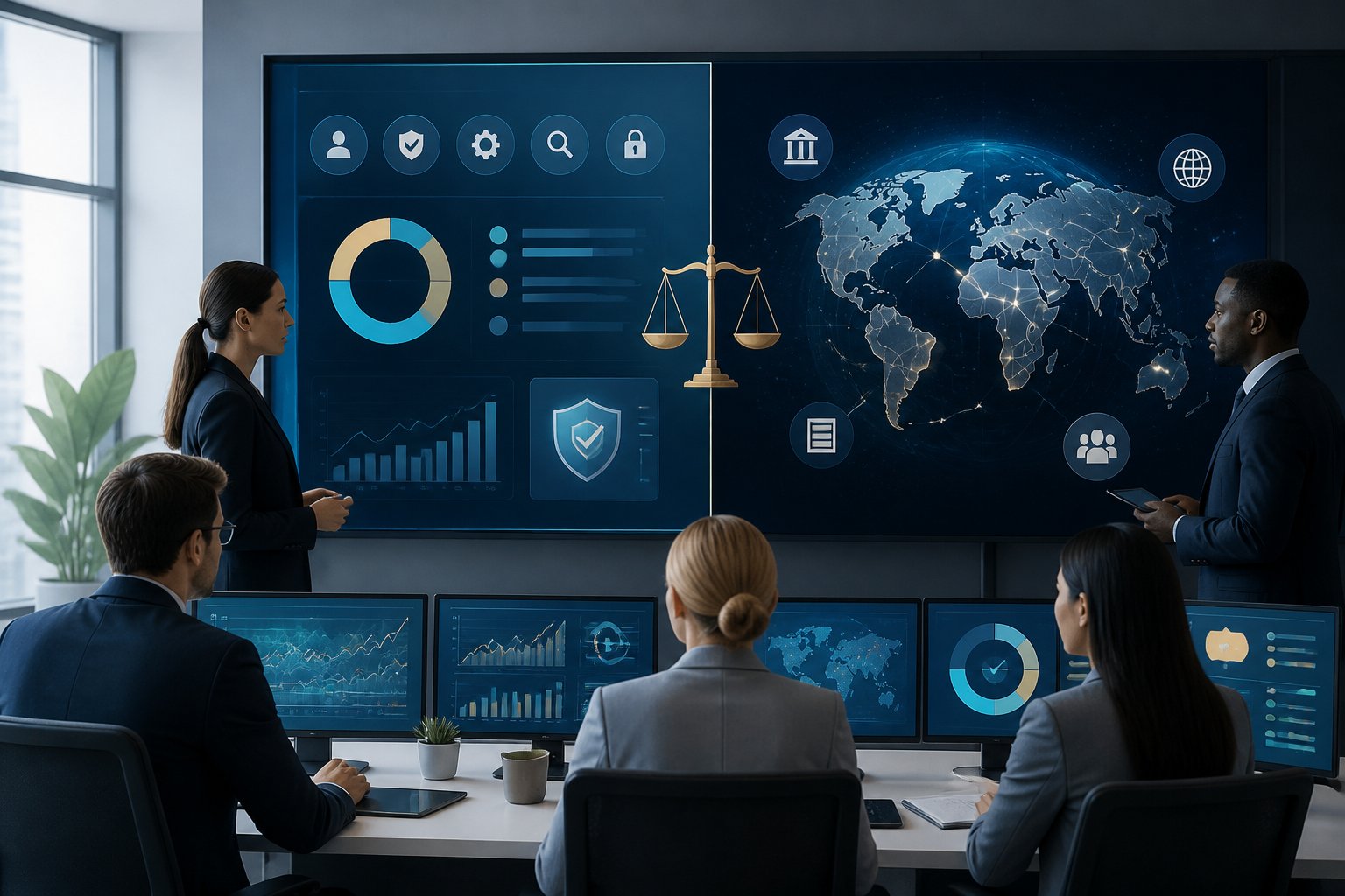 Analis meninjau perbandingan platform lotre digital lokal dan jaringan lotre global di ruang kerja modern.