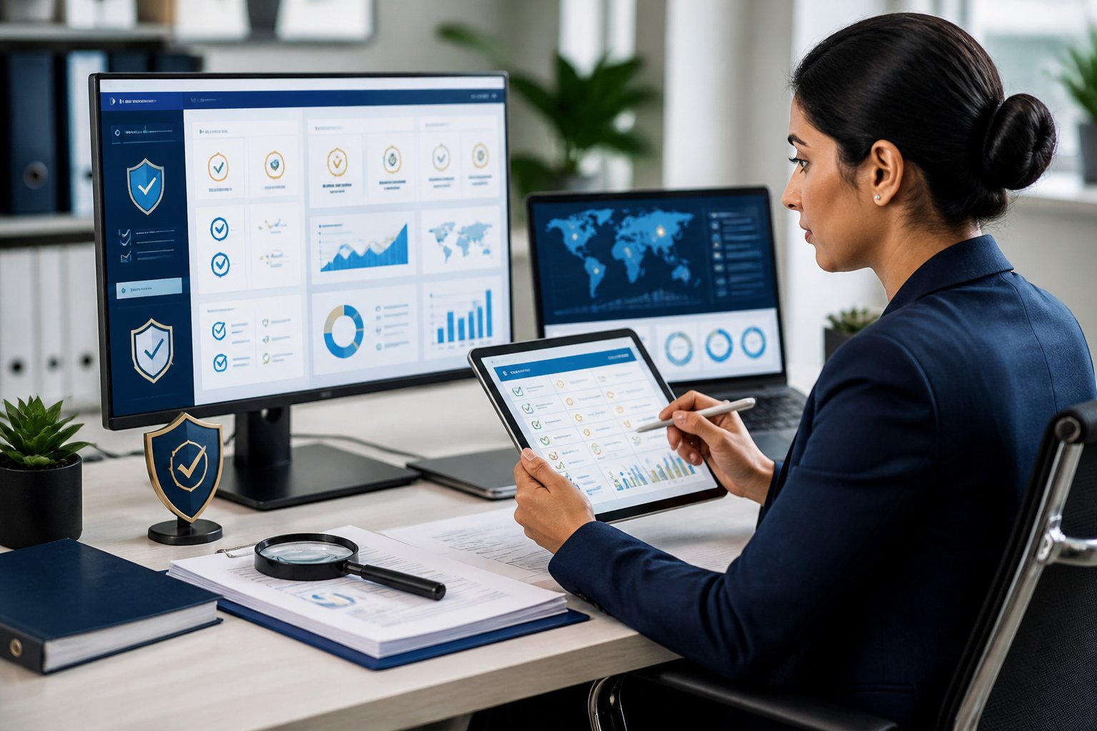 Seorang analis memeriksa dokumen dan data digital untuk memverifikasi operator lotre online.