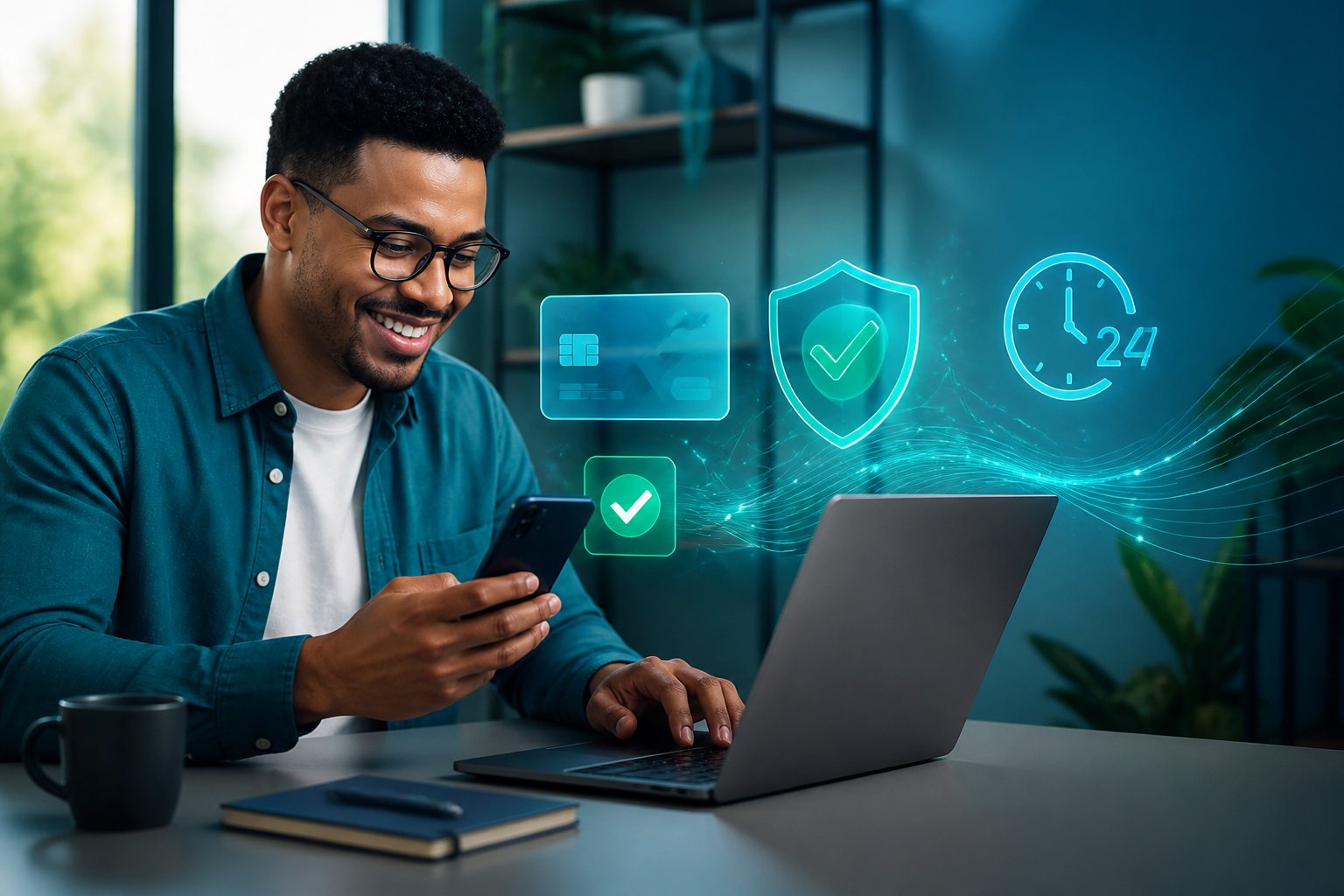 Orang dewasa menggunakan laptop dan ponsel dengan simbol pembayaran digital yang aman.