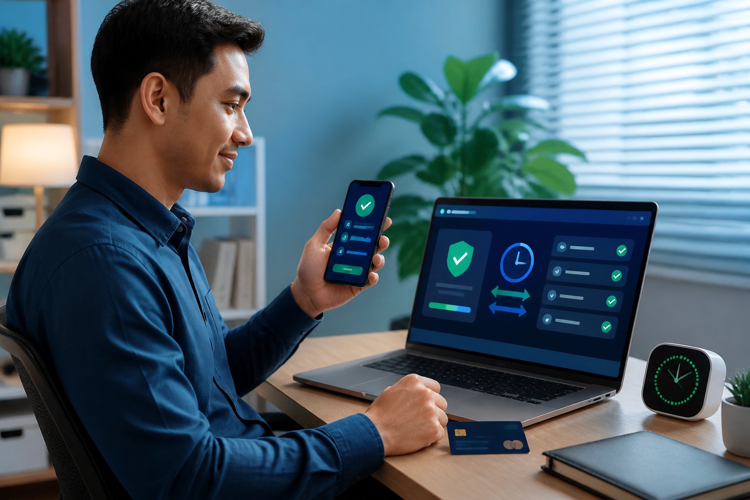Seseorang memeriksa transaksi keuangan digital yang cepat dan aman melalui ponsel dan laptop.