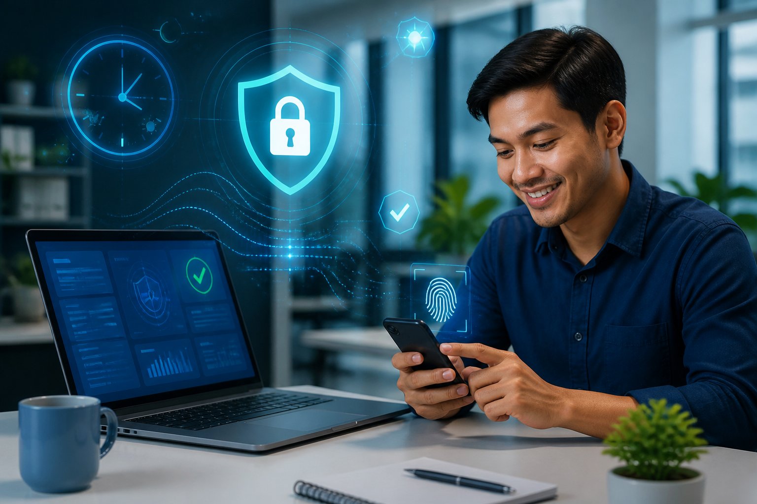 Seseorang menggunakan laptop dan ponsel dengan simbol perisai serta kunci yang menunjukkan pembayaran digital aman.