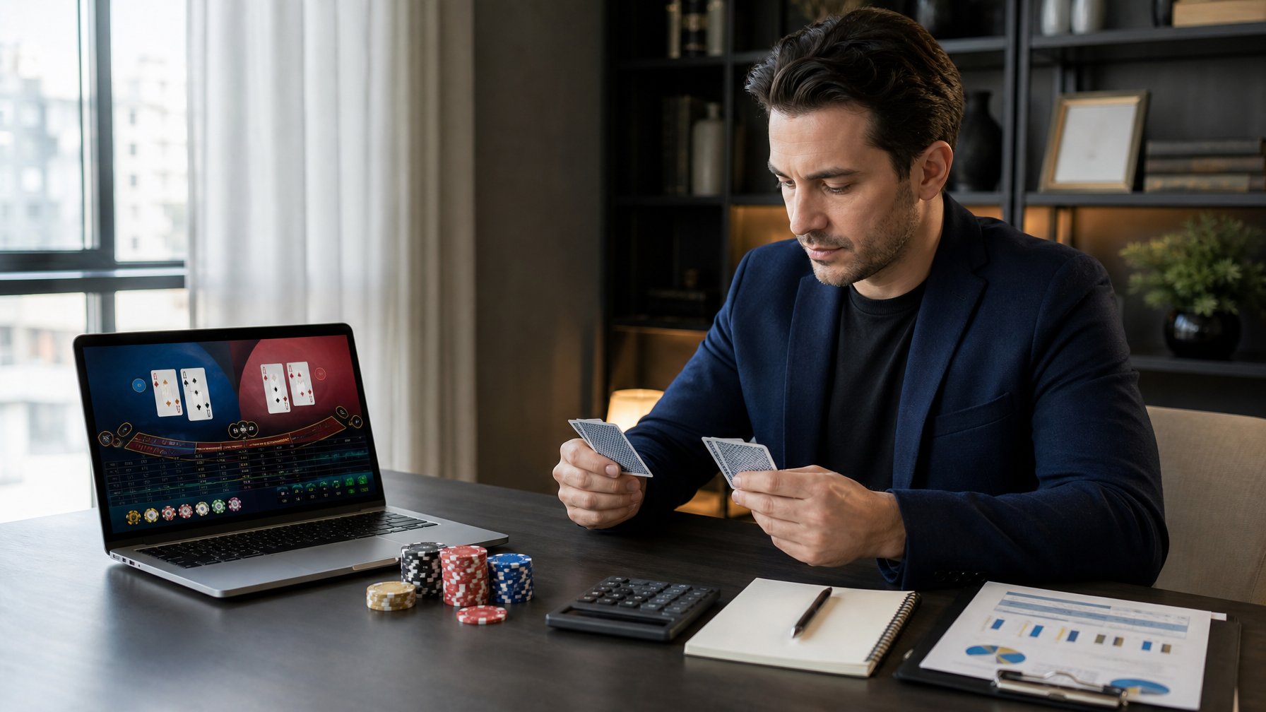 Orang dewasa sedang mempelajari permainan baccarat daring dengan kartu, chip, laptop, dan catatan anggaran.