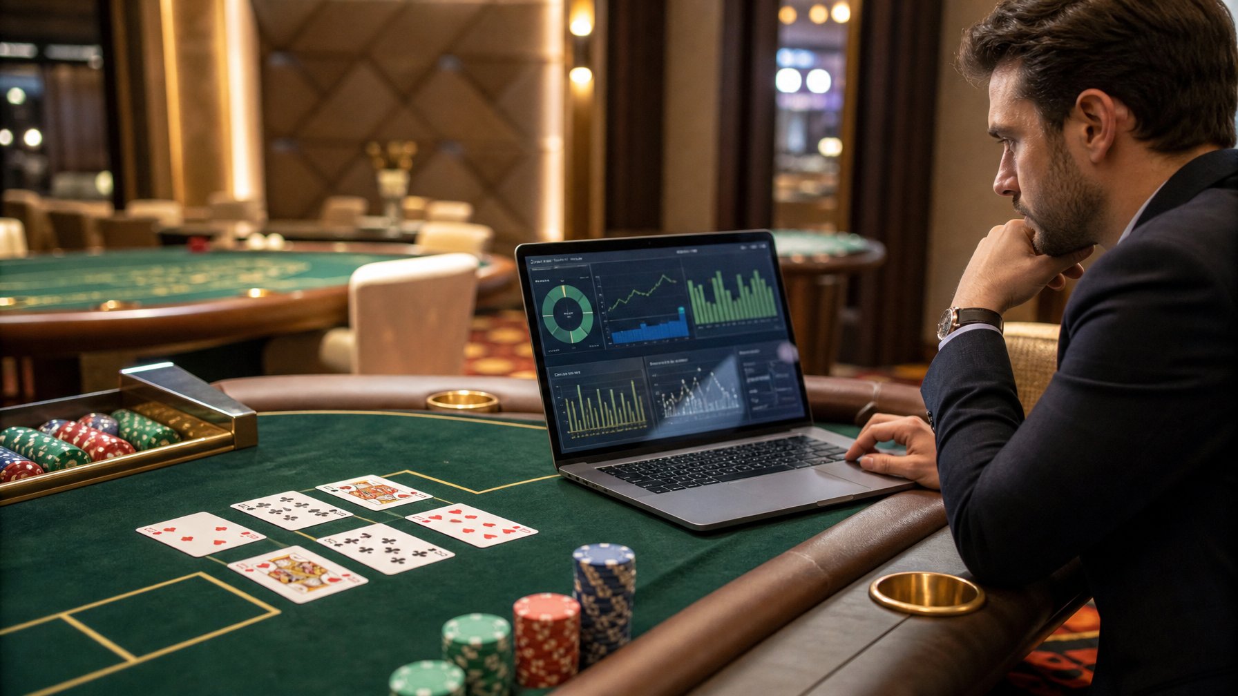 Pemain dewasa menganalisis peluang baccarat online dengan kartu, chip taruhan, dan laptop di meja permainan.