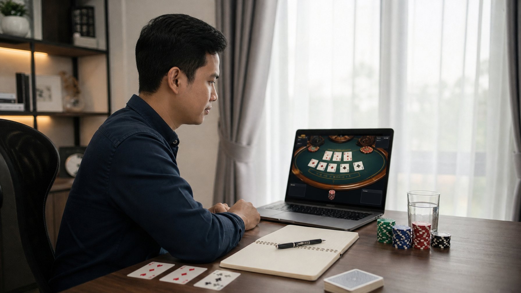 Pemula mempelajari permainan baccarat daring di meja kerja dengan laptop, kartu, dan keping kasino.