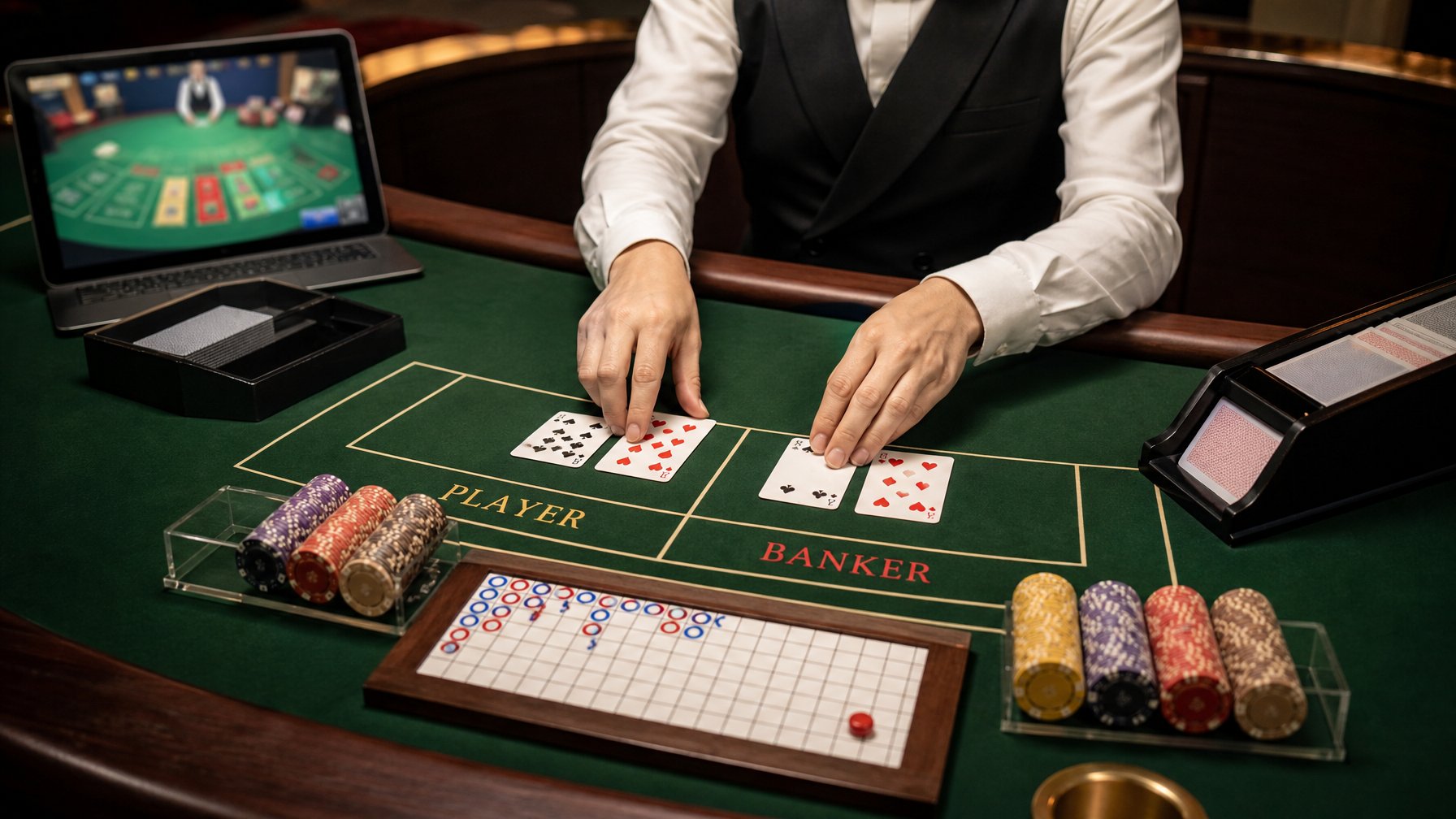 Meja baccarat dengan kartu, keping taruhan, dealer, dan perangkat yang menampilkan permainan online.
