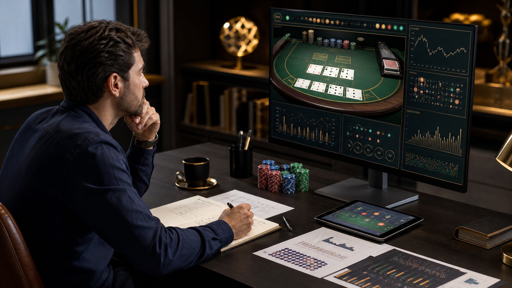 Seorang analis mempelajari pola permainan baccarat pada layar komputer dengan kartu, chip, dan grafik analisis di meja.