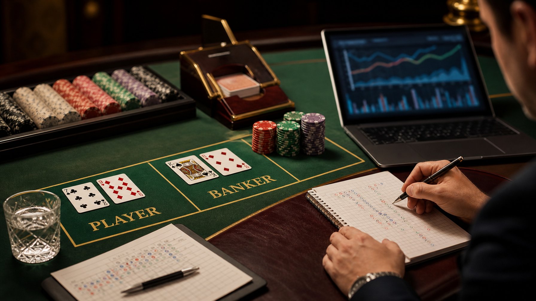 Tangan seorang analis mengamati kartu dan chip baccarat di atas meja kasino dengan laptop berisi grafik buram di latar belakang.