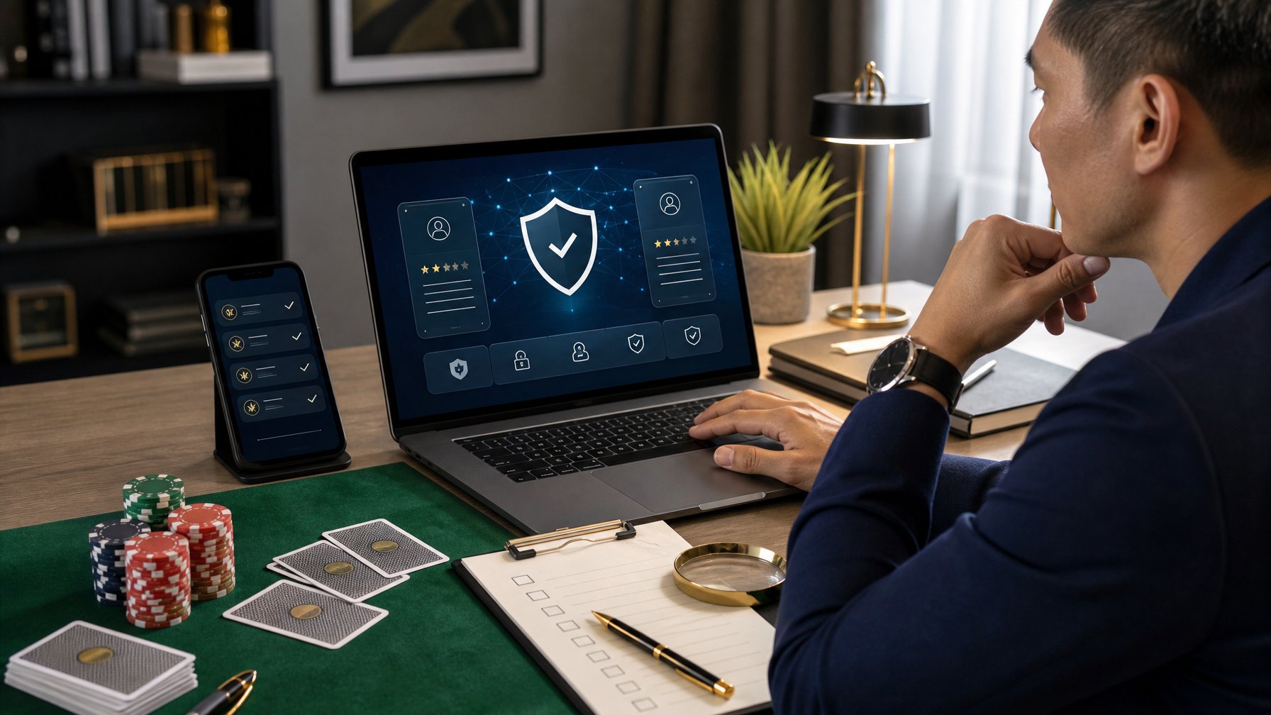 Seseorang membandingkan pilihan taruhan baccarat online di laptop dengan simbol keamanan, catatan, kartu, dan keping kasino di meja.