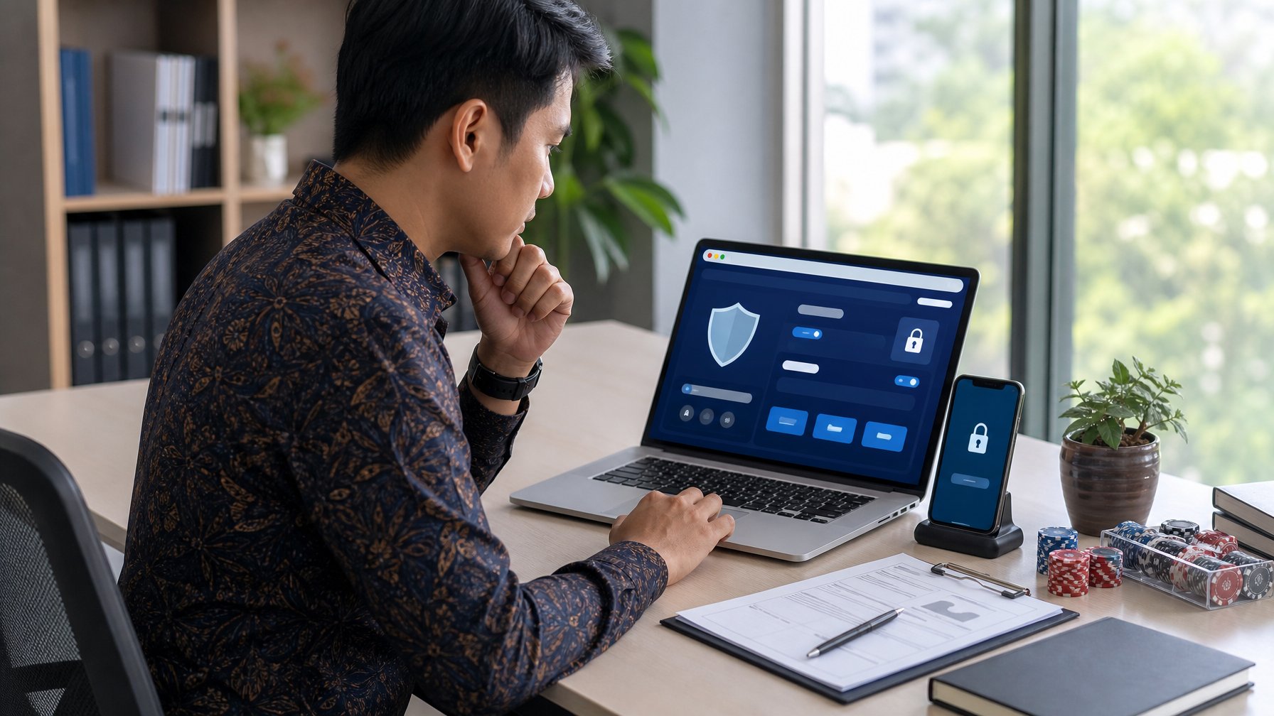 Seorang profesional memeriksa keamanan platform taruhan baccarat online menggunakan laptop di ruang kerja modern.