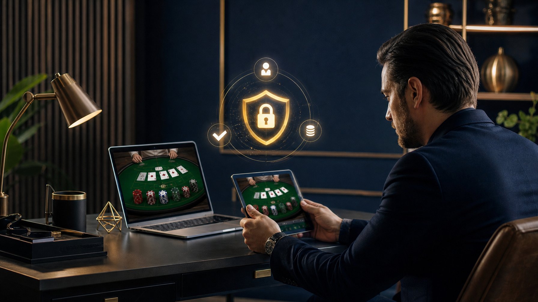 Pemain dewasa menggunakan laptop untuk bermain baccarat online di lingkungan yang elegan dan aman.