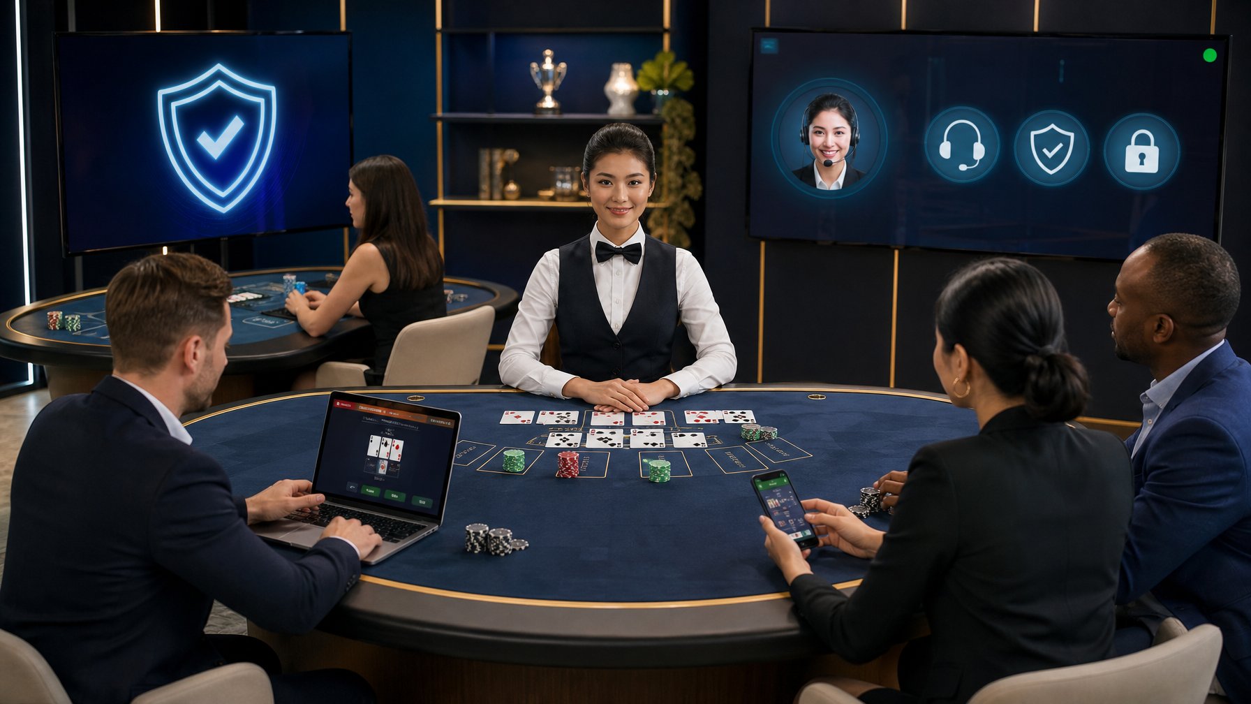 Dealer profesional menyajikan permainan baccarat di lingkungan kasino daring yang aman dan terpercaya.