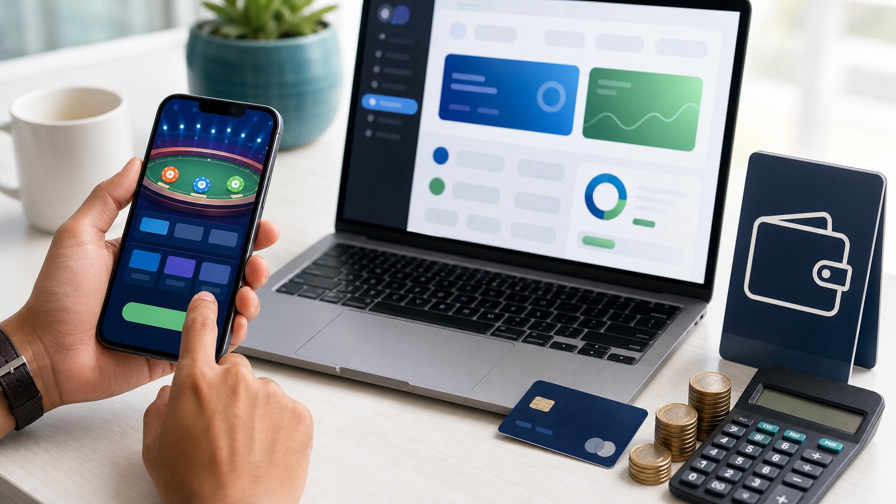 Tangan menggunakan ponsel di samping laptop, kartu debit, dompet digital, kalkulator, dan koin.