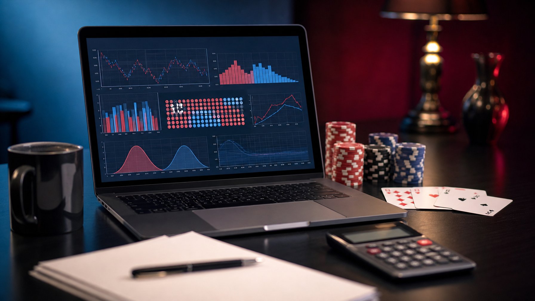 Laptop dengan grafik abstrak, kartu baccarat, keping kasino, dan kalkulator di atas meja.