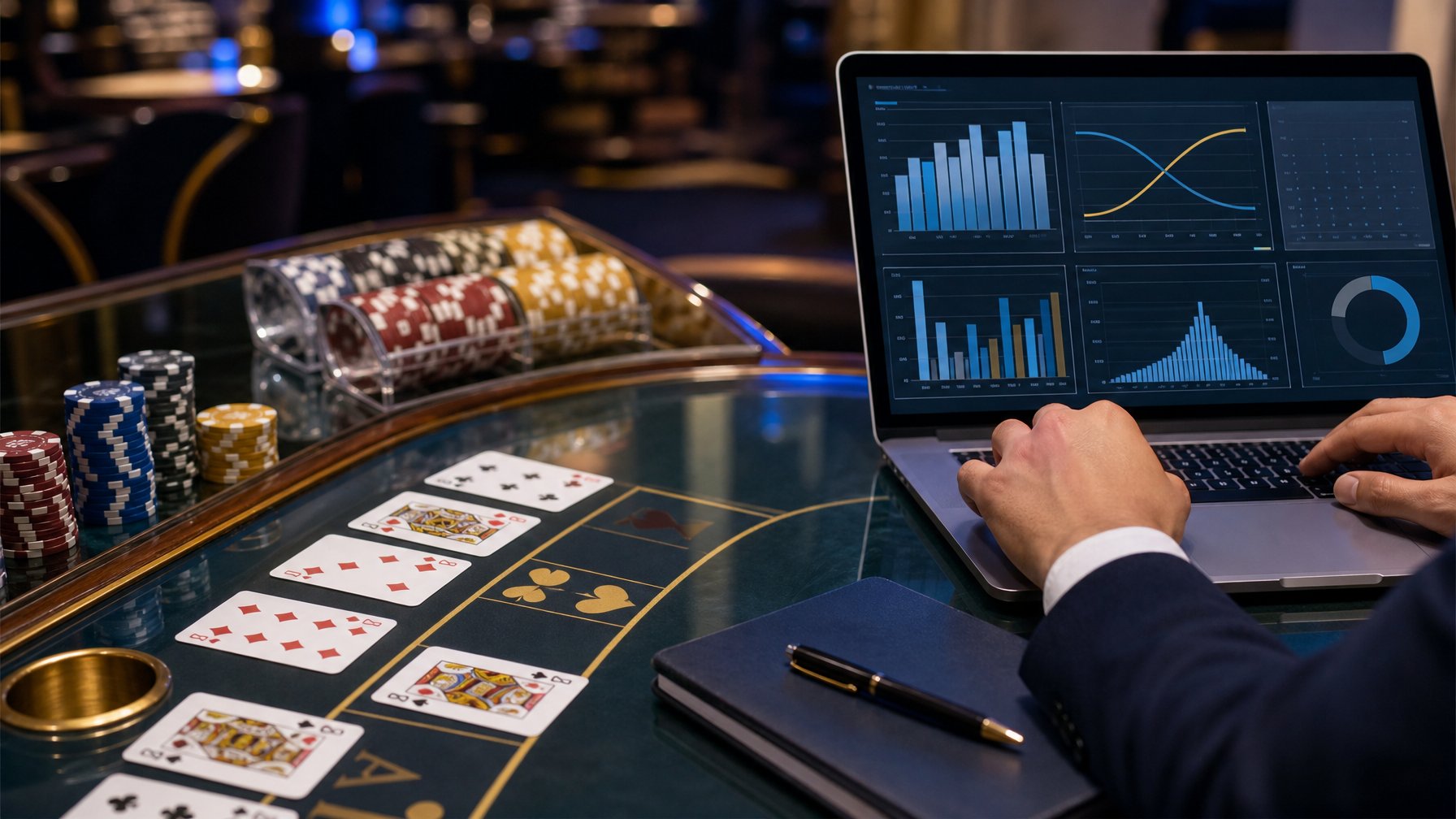 Meja baccarat dengan kartu dan keping kasino di samping laptop yang menampilkan grafik analisis probabilitas.