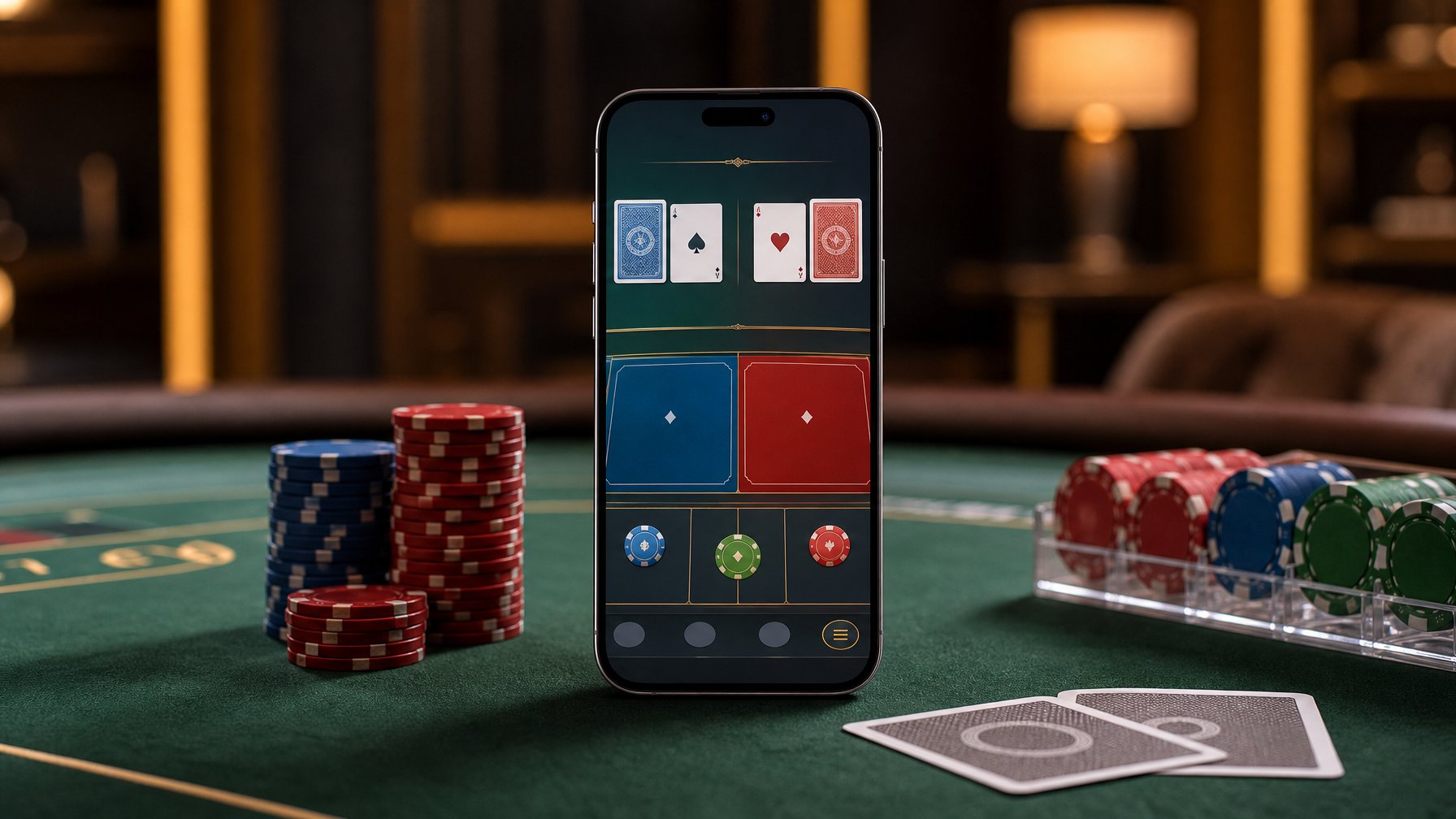Ponsel pintar menampilkan permainan baccarat di atas meja kasino dengan kartu dan keping taruhan.