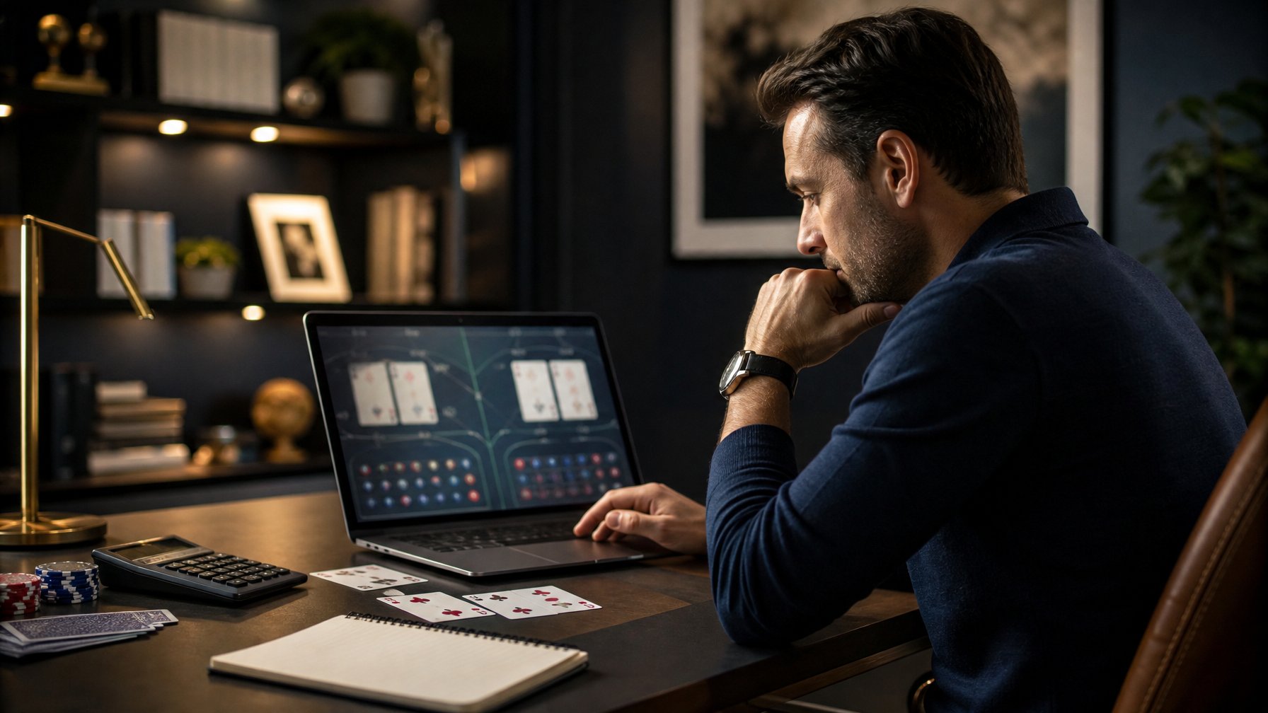 Seorang pemain profesional menganalisis permainan baccarat di depan laptop dengan kartu, chip, dan buku catatan di meja.