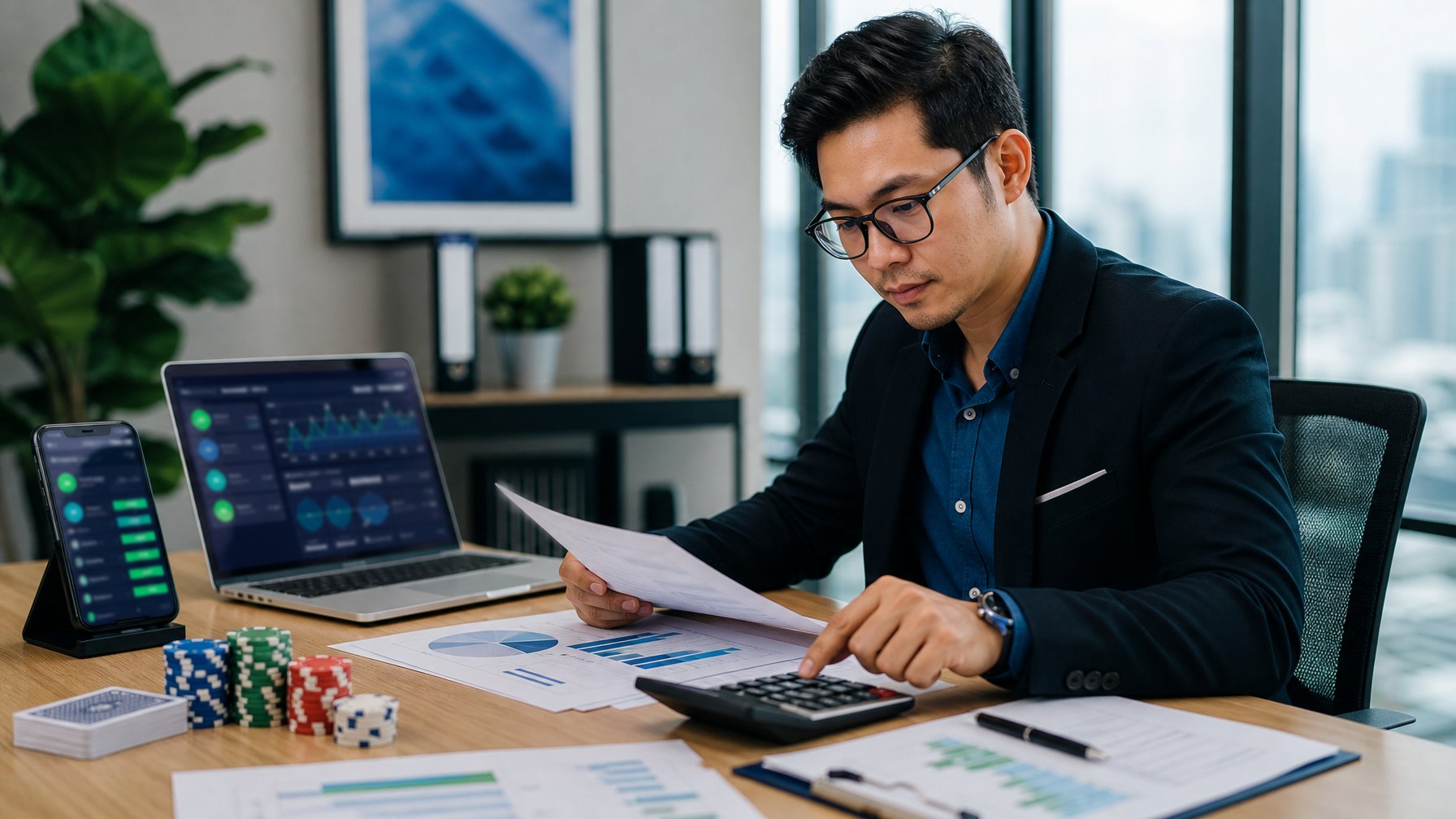 Seorang profesional menganalisis keuntungan platform poker online di meja kerja dengan laptop, kalkulator, kartu, dan keping poker.