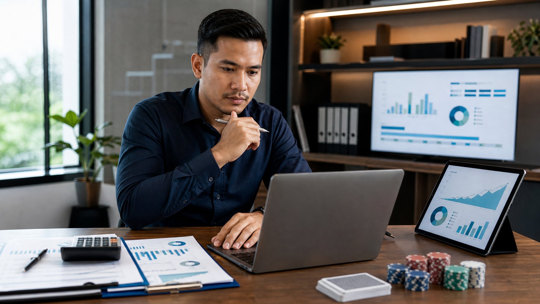 Seorang profesional meninjau grafik keuangan dan kalkulator di meja kerja dengan kartu serta keping poker sebagai simbol bisnis.