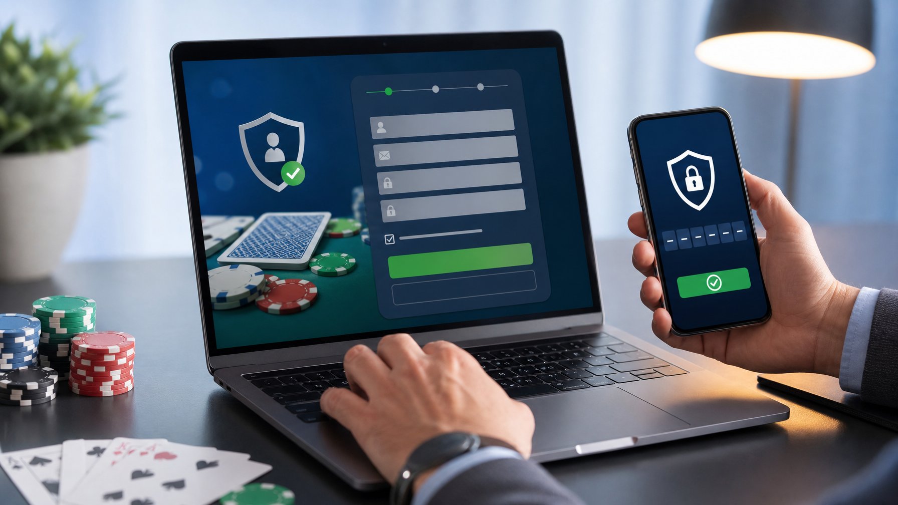 Seseorang mendaftarkan akun poker online melalui laptop dan ponsel di meja kerja modern.