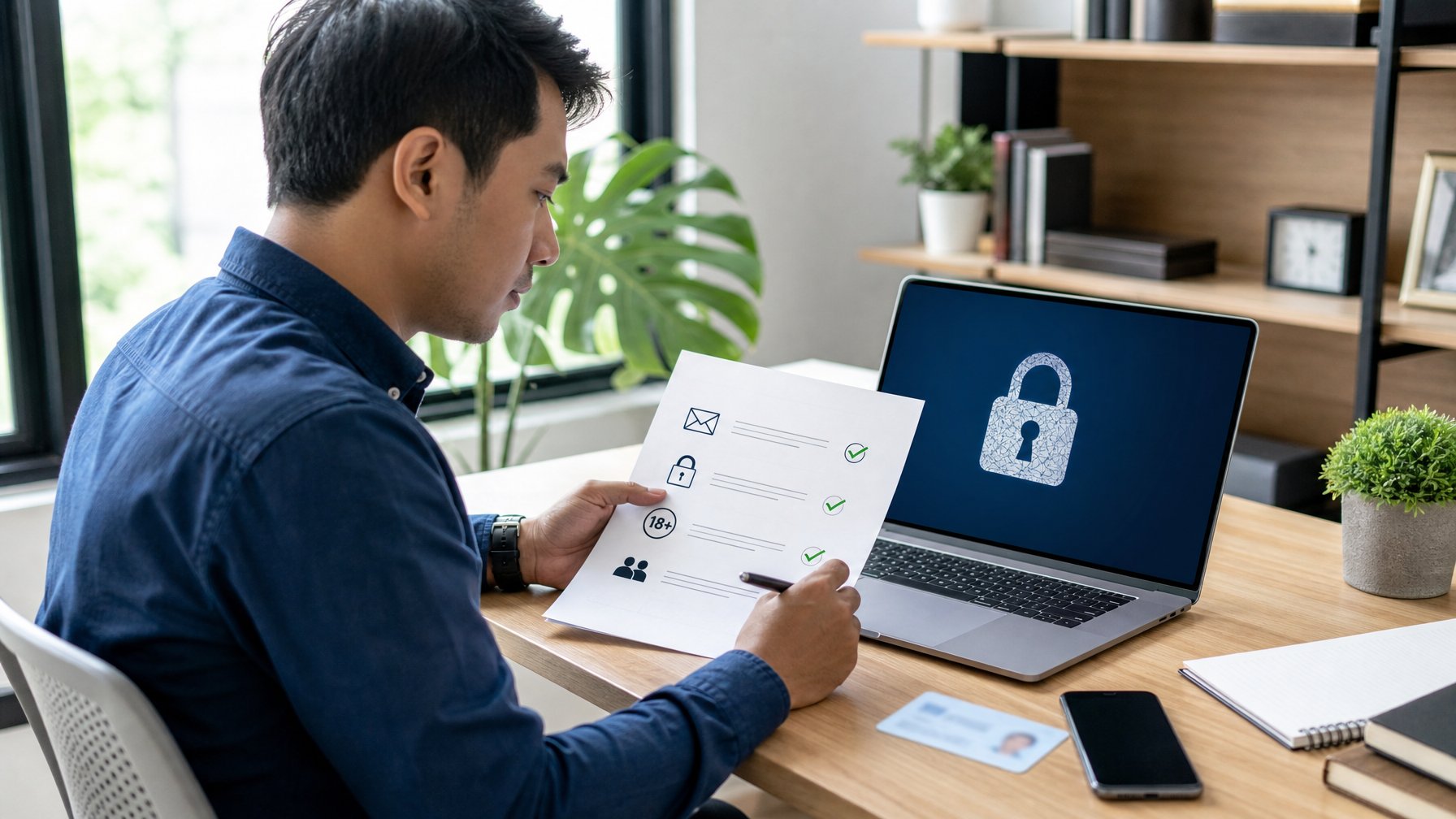 Seseorang memeriksa daftar persyaratan sebelum membuat akun online di laptop.