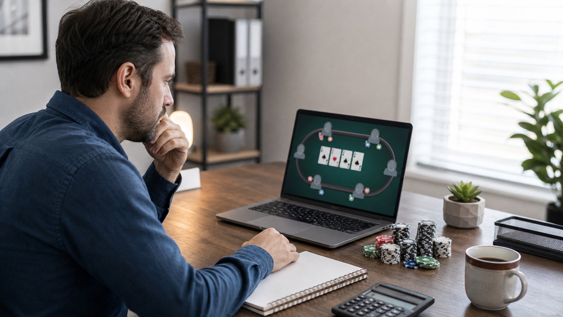 Seorang pemain poker online sedang merencanakan strategi dengan chip, laptop, dan buku catatan di meja kerja.