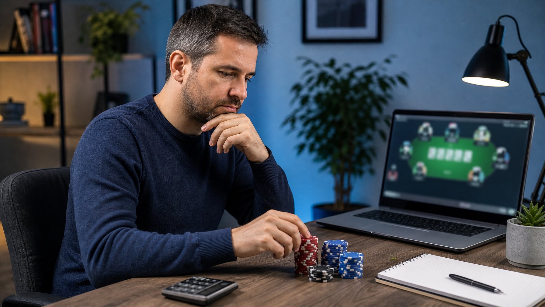 Seorang pemain poker meninjau chip poker dan laptop dengan sikap tenang serta berhati-hati.
