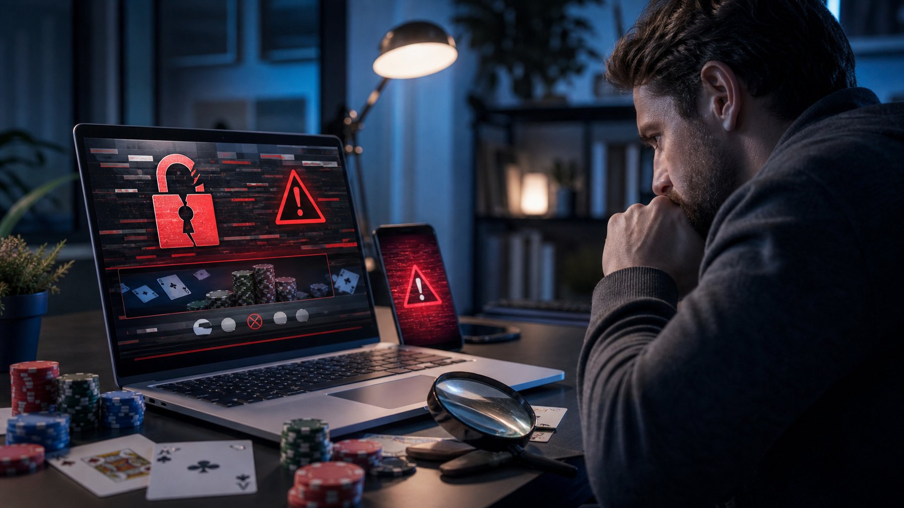 Seseorang tampak khawatir saat memeriksa situs poker mencurigakan di laptop dengan simbol peringatan keamanan.