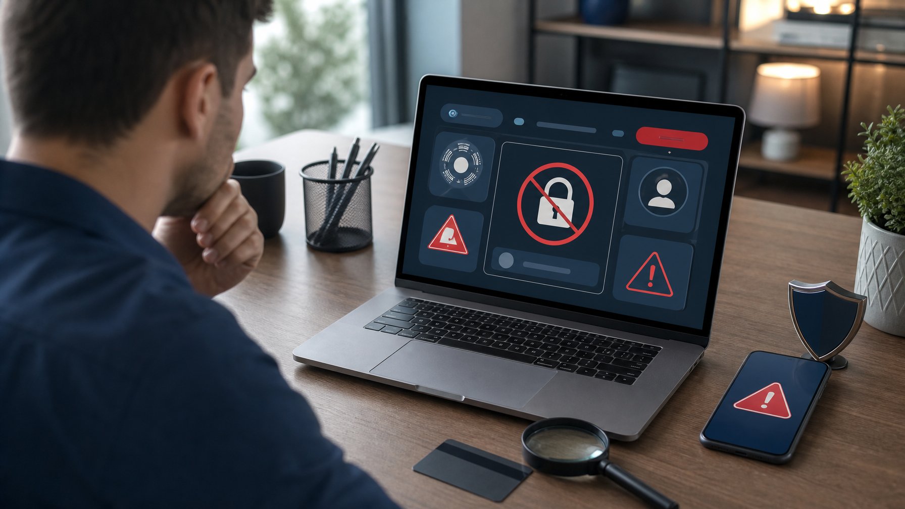 Seseorang memeriksa situs poker online mencurigakan di laptop dengan simbol peringatan keamanan.