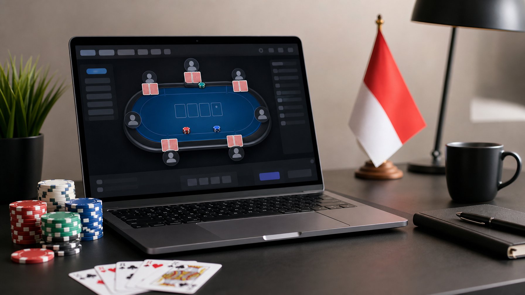 Laptop dengan antarmuka poker abstrak, kartu remi, dan keping poker di meja kerja modern.