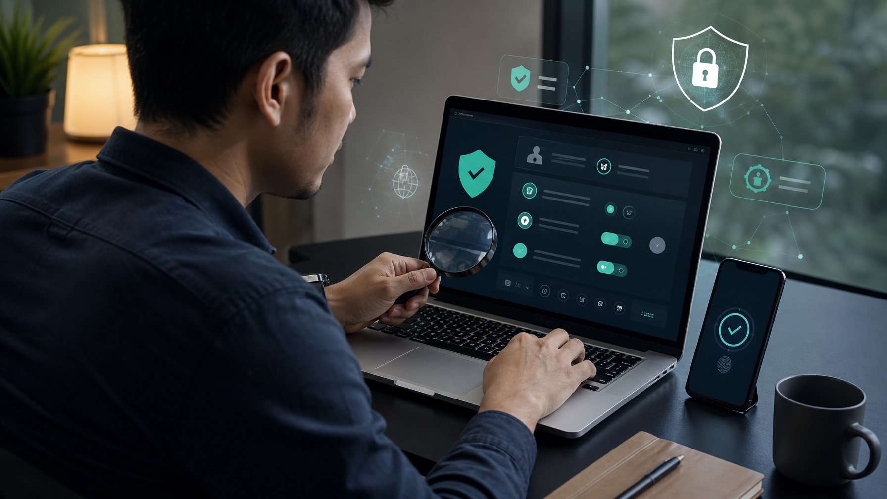 Seseorang memeriksa keamanan platform poker online melalui laptop dengan simbol verifikasi dan perlindungan data.