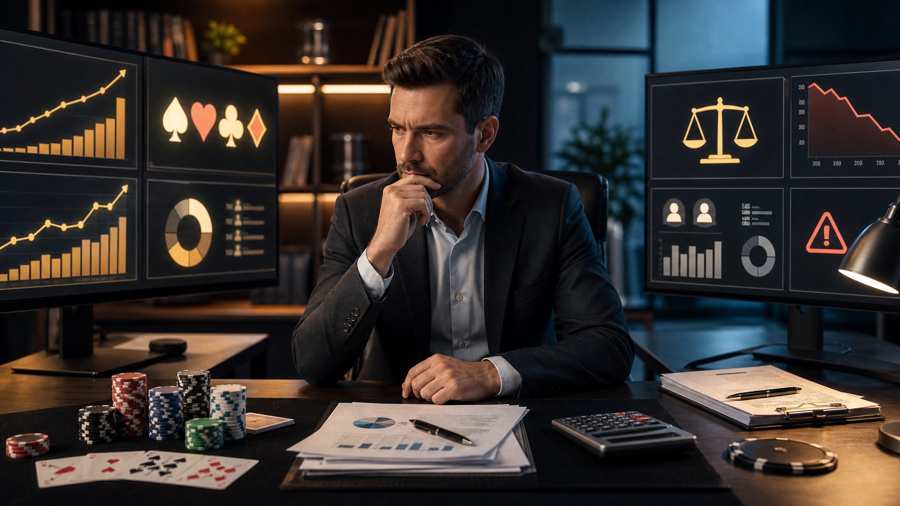 Seorang pengusaha meninjau analitik bisnis poker online di meja kerja dengan kartu, chip poker, dan indikator risiko.