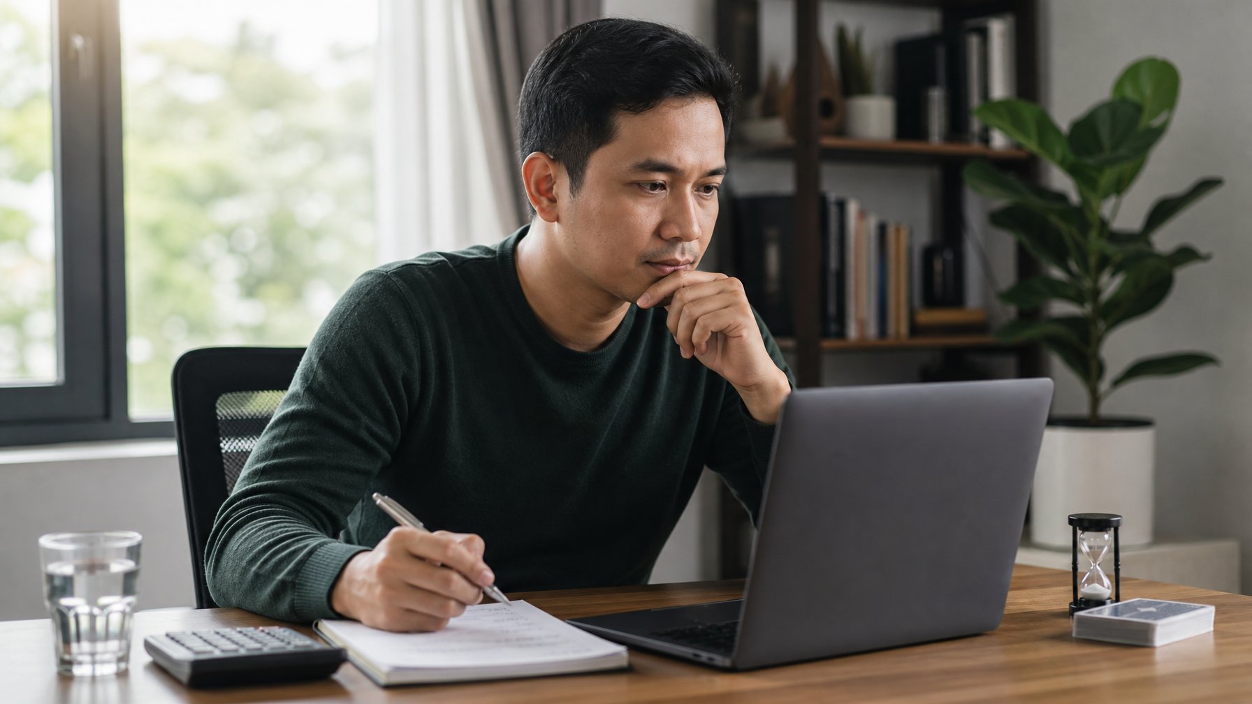 Seorang pengelola poker online duduk tenang di meja kerja sambil meninjau catatan dan laptop.
