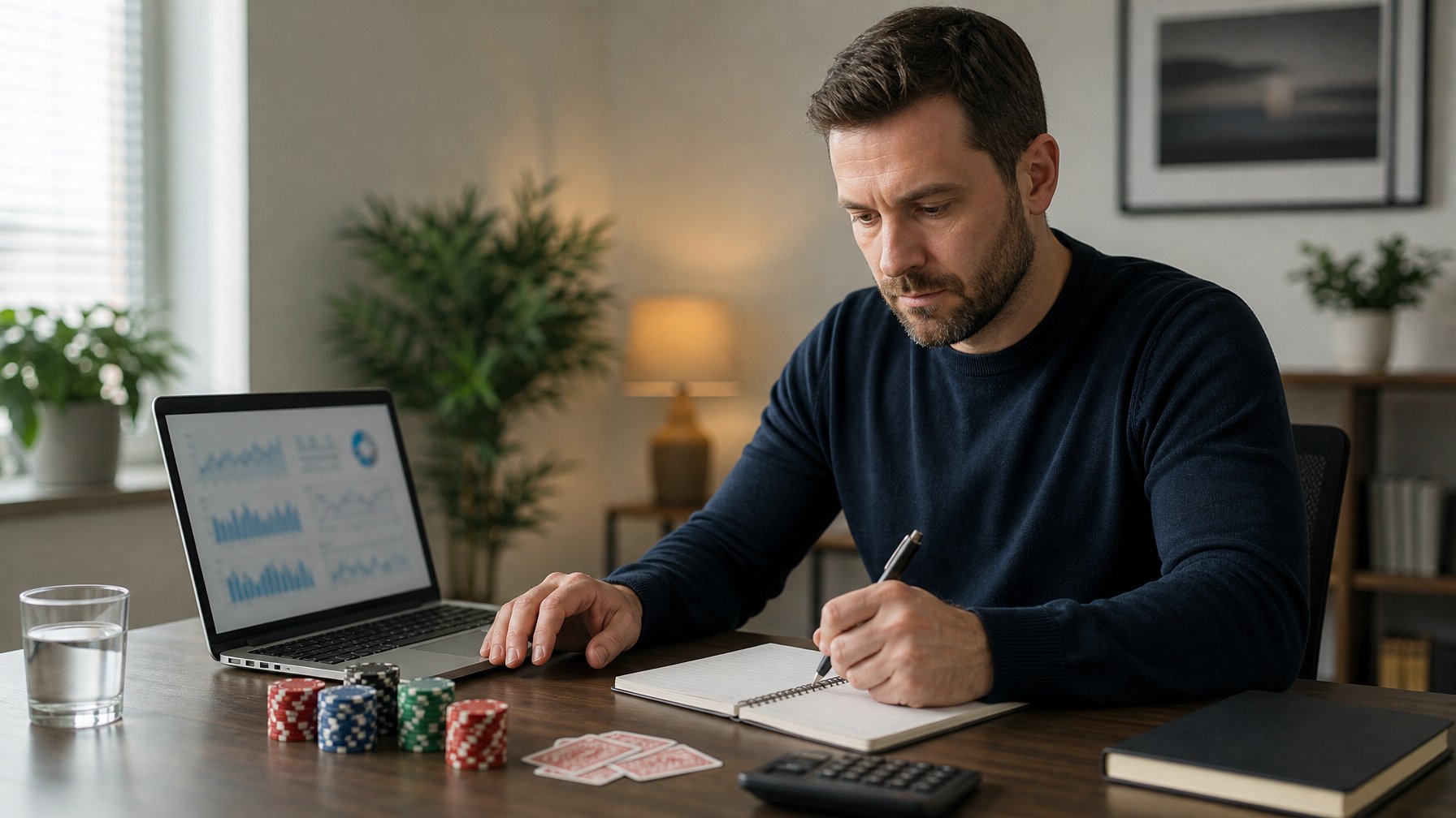 Seorang pemain poker meninjau grafik kinerja dan mencatat rencana pengelolaan risiko di meja kerja.