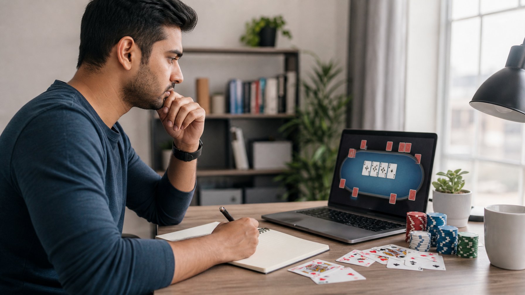 Seorang pemula mempelajari permainan kartu online di laptop dengan kartu dan keping poker di meja.
