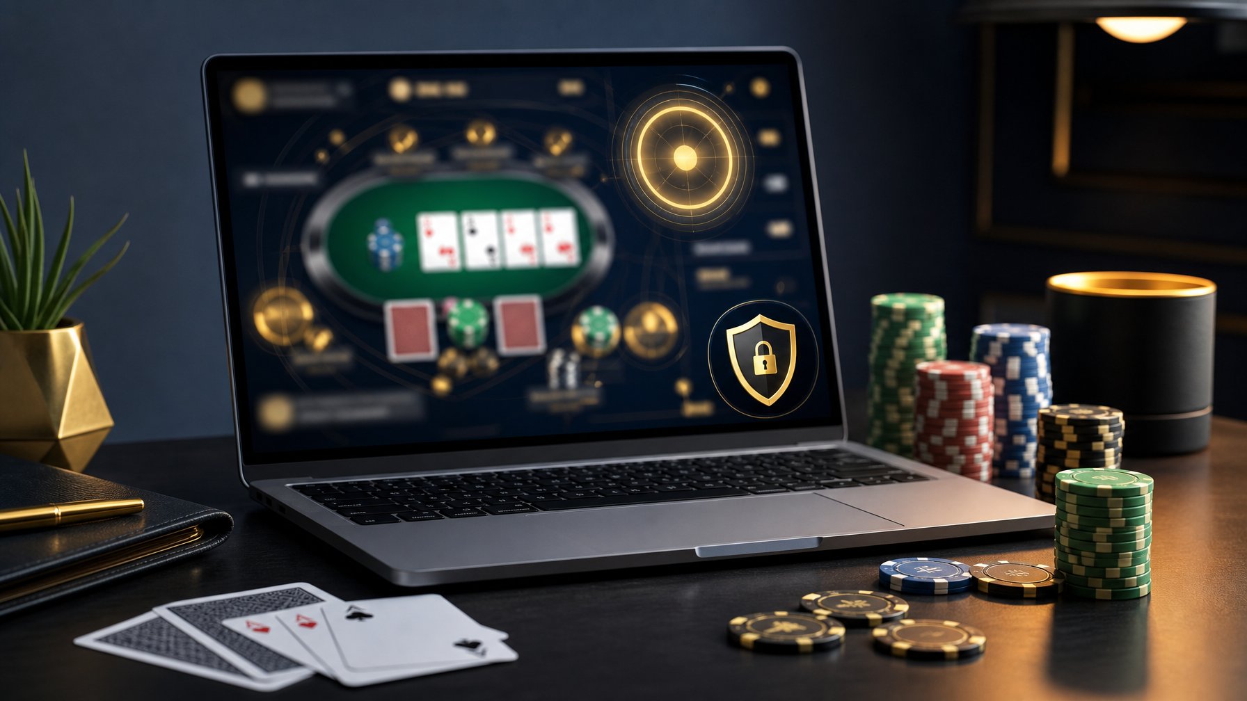 Laptop menampilkan antarmuka poker daring abstrak dengan kartu dan tumpukan chip poker di meja.