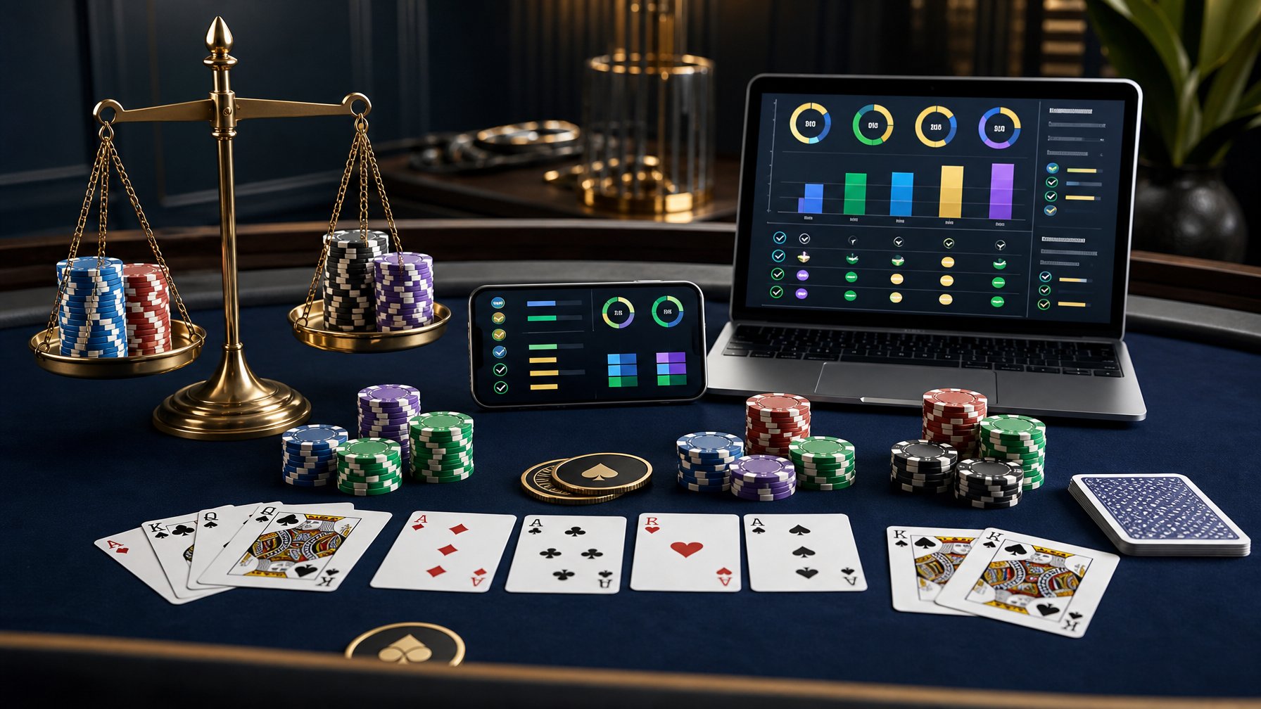 Meja poker dengan kartu, tumpukan chip, serta perangkat digital yang menampilkan perbandingan bonus secara visual.