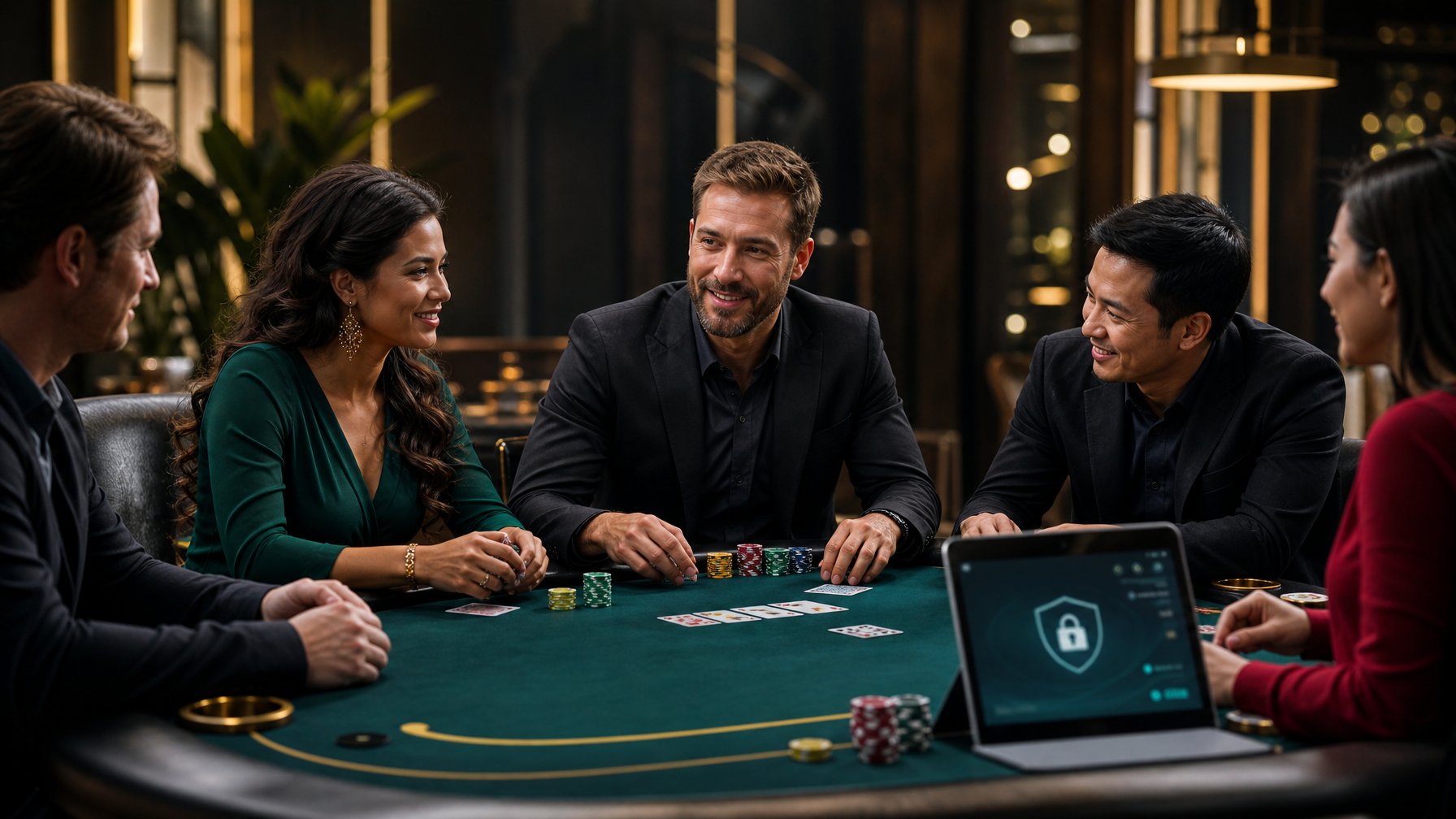 Orang dewasa bermain poker di meja dengan kartu dan keping taruhan, disertai perangkat digital.