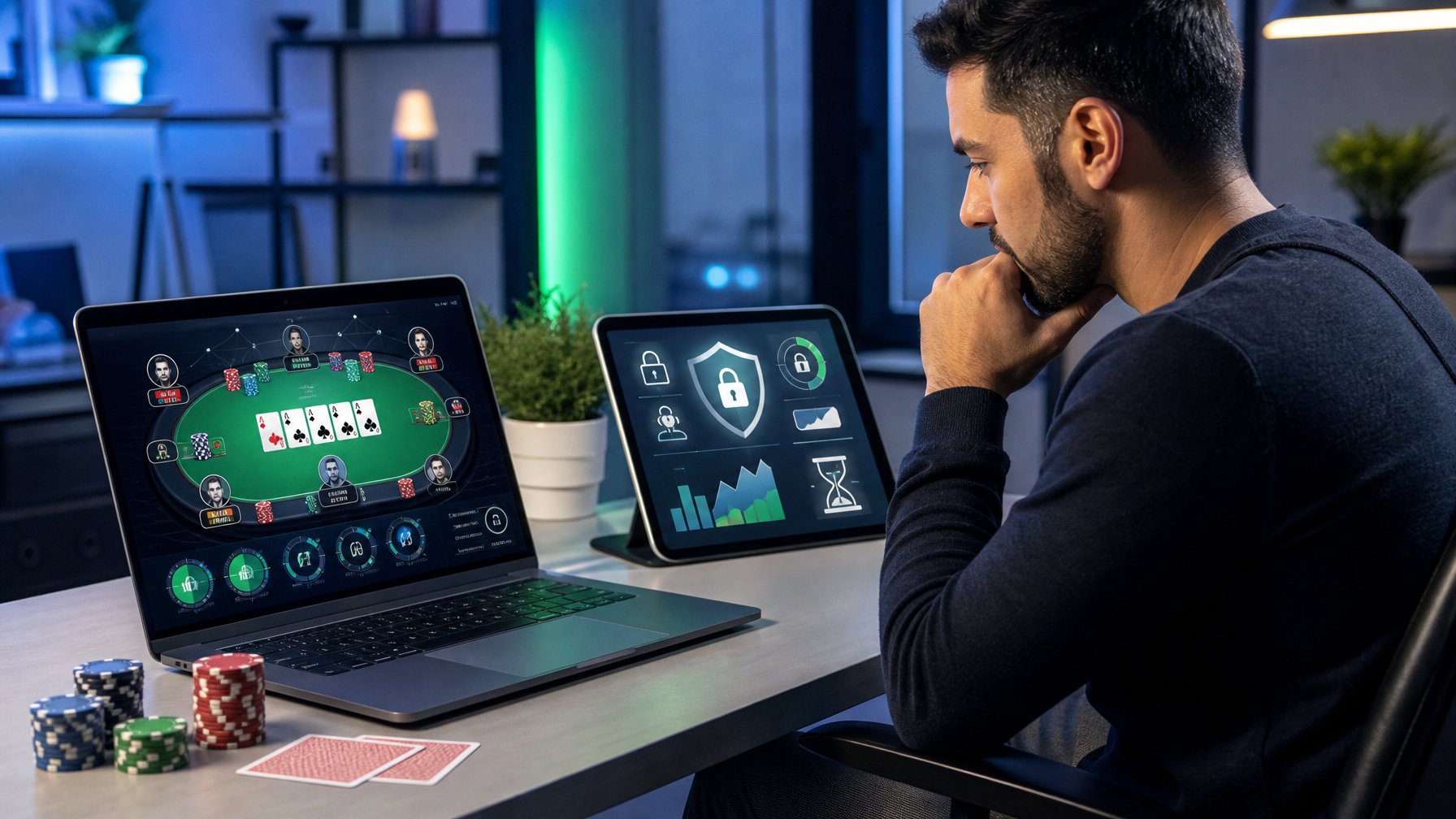 Orang dewasa mempelajari permainan poker online di laptop dengan kartu dan keping poker di meja.