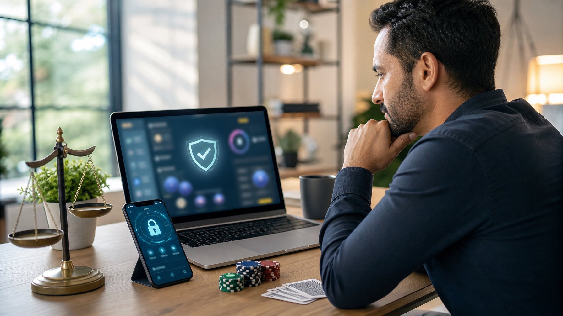 Seseorang memeriksa platform poker online di laptop dengan simbol keamanan digital di meja kerja.