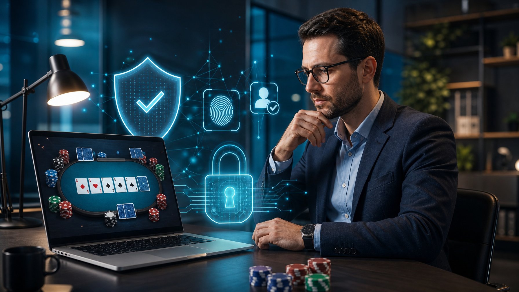 Seorang profesional meninjau platform poker online dengan simbol perisai, kunci digital, dan verifikasi keamanan.