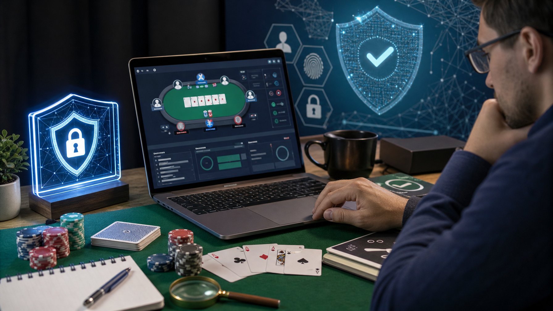 Seseorang meninjau keamanan platform poker online di laptop dengan simbol perisai, verifikasi, dan kartu poker.