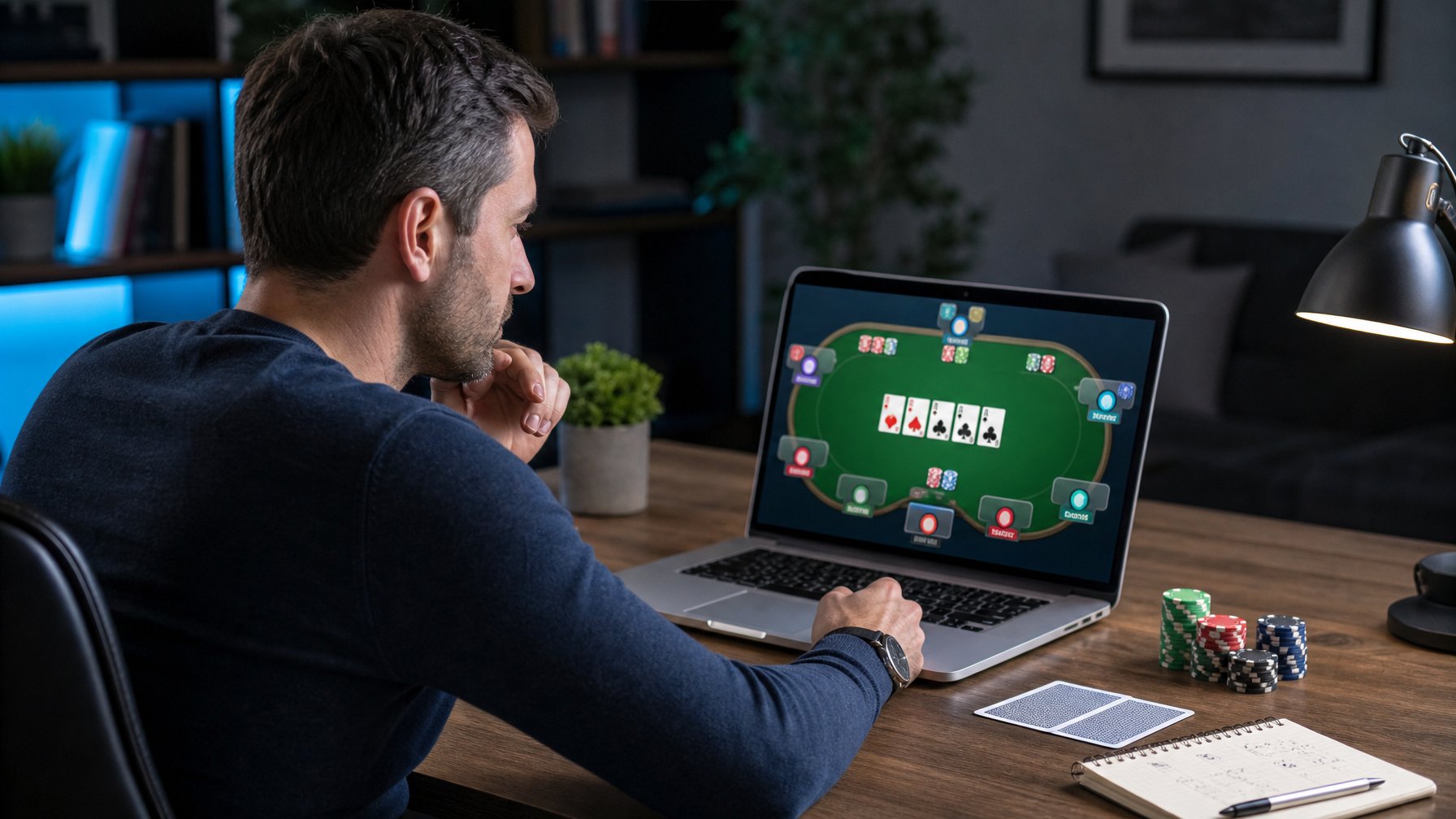 Seorang pemain dewasa mempelajari permainan poker daring di laptop dengan kartu dan keping poker di meja.