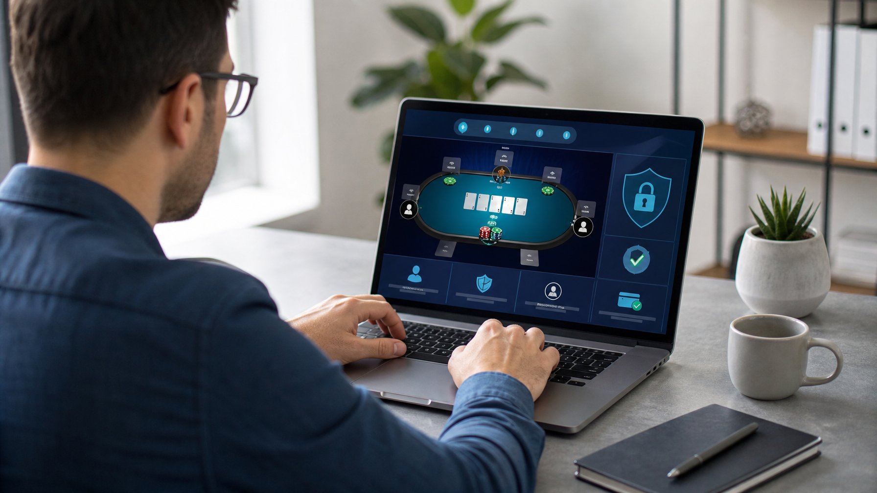 Seseorang memeriksa keamanan platform poker online di laptop dengan simbol gembok dan perisai.