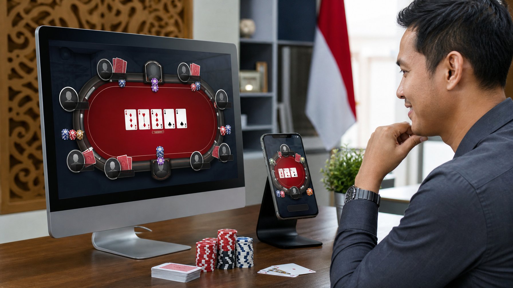 Seseorang melihat permainan poker digital pada komputer dan ponsel di meja kerja modern dengan kartu serta keping poker.
