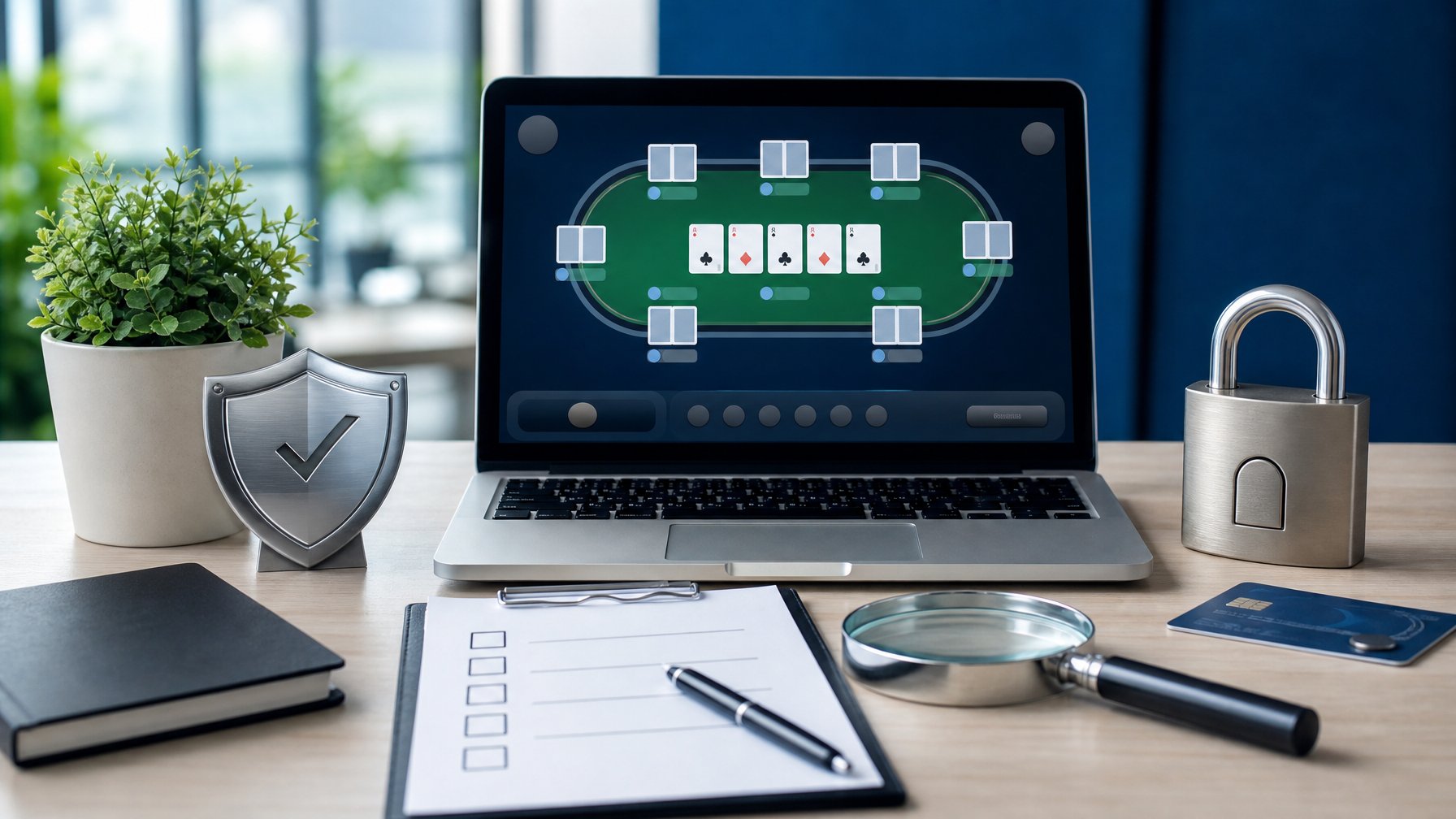Laptop dengan tampilan permainan kartu daring abstrak, gembok, ikon perisai, kartu pembayaran, dan daftar verifikasi di meja kerja.