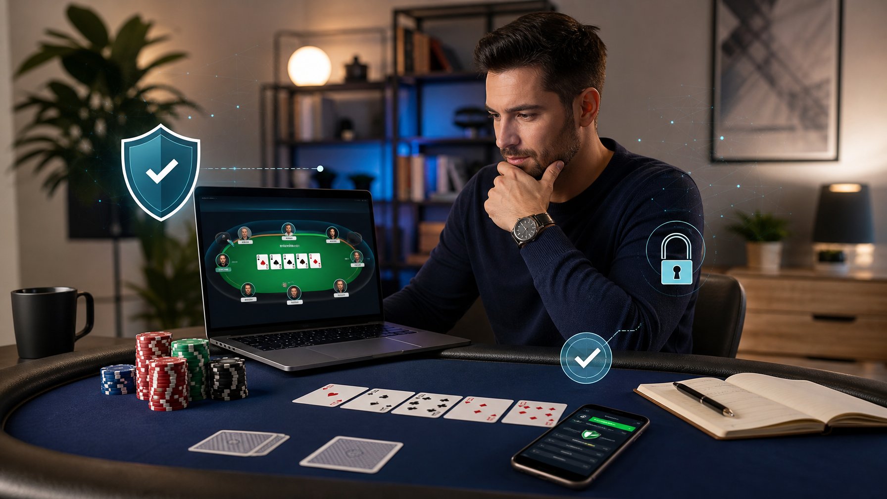 Orang dewasa memeriksa platform poker online yang aman di laptop di ruang kerja modern, dengan kartu dan keping poker di meja.