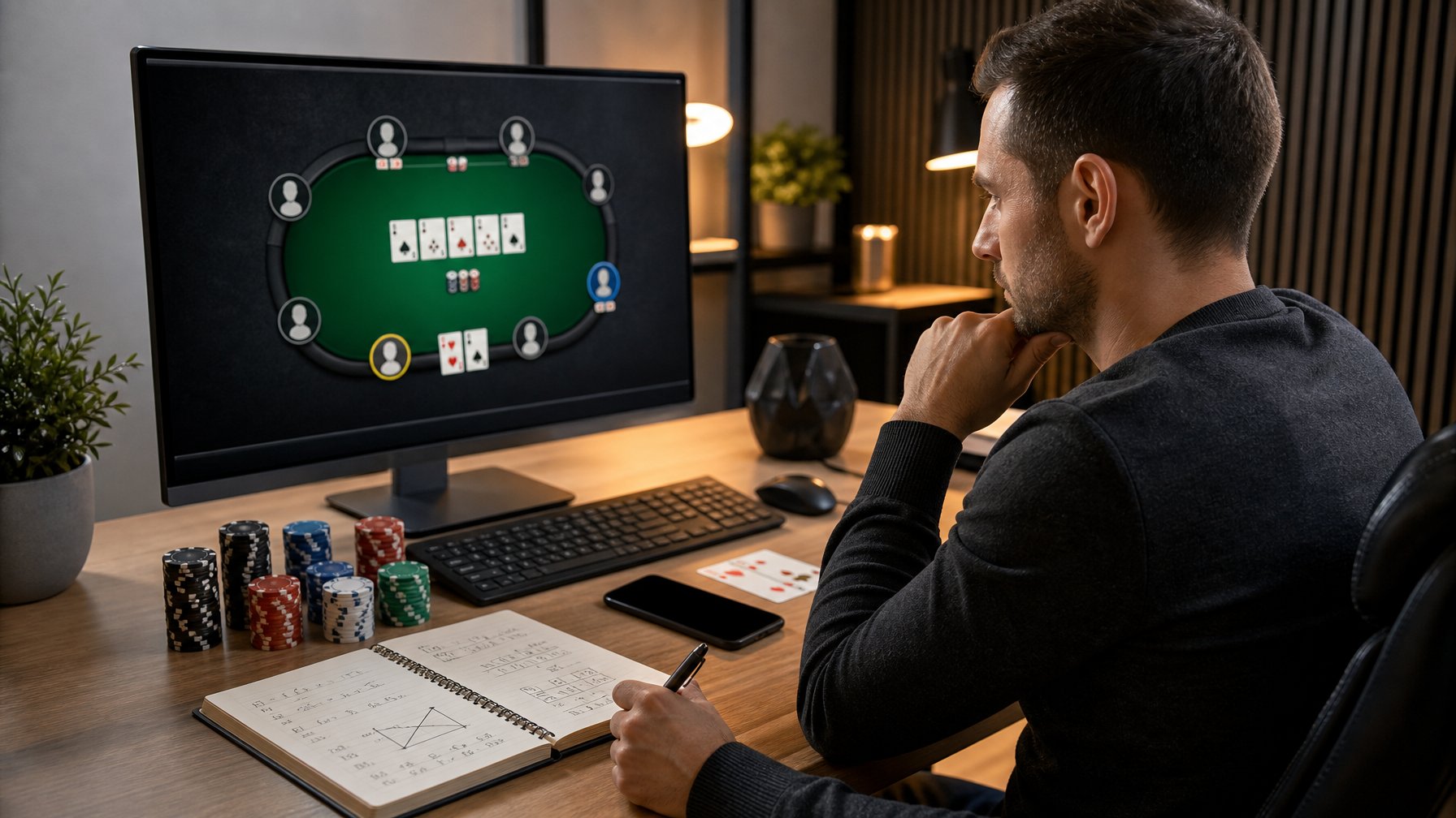 Seorang pemain dewasa mempelajari permainan poker online di ruang kerja modern dengan kartu, chip, dan catatan strategi.