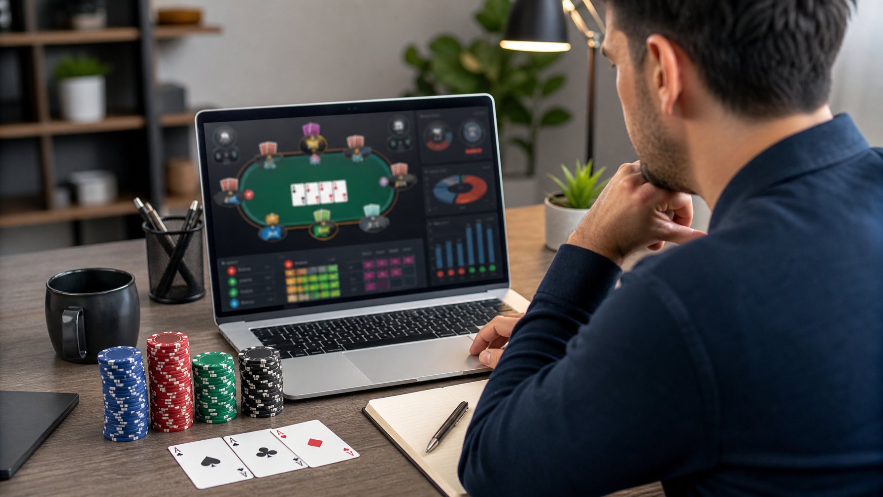 Seorang pemain menganalisis permainan poker online dengan kartu, chip, dan grafik peluang di meja kerja.