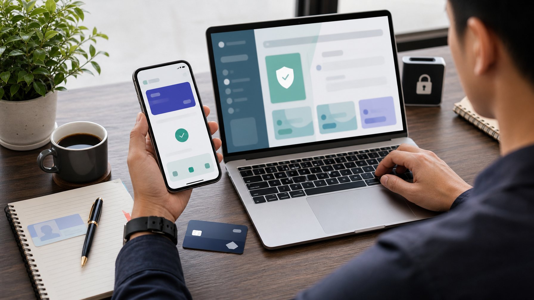 Seseorang menyiapkan pembayaran digital dengan ponsel dan laptop di meja kerja yang rapi.