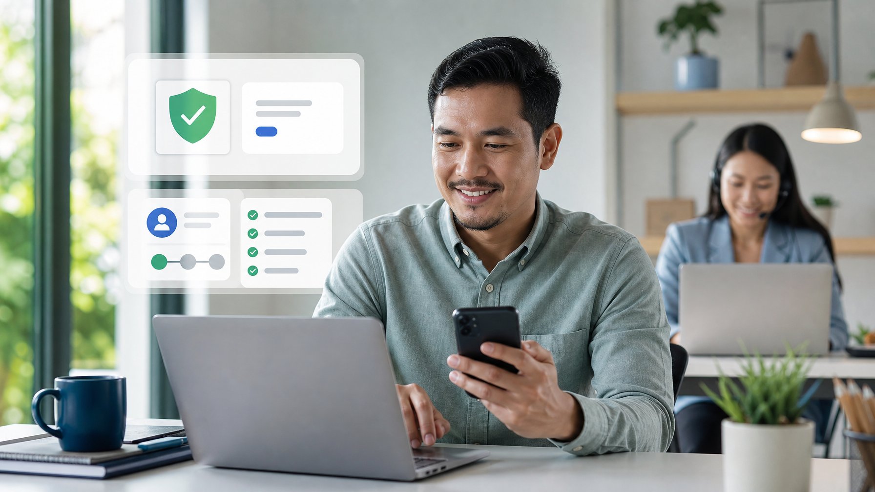 Seorang profesional menggunakan laptop dan ponsel di meja kerja untuk mengelola akun digital dengan aman.